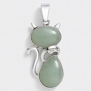 Elegant Silver Cat Pendant with Green Gemstones